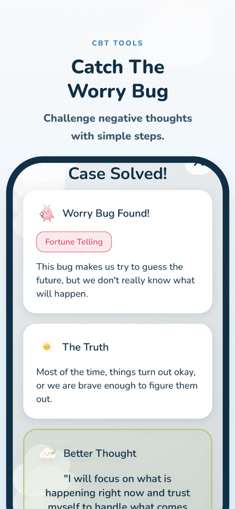 Calmbud: Kids Calm Sessions - Captura de tela do aplicativo Calmbud do recurso Detetive de Pensamentos mostrando um Inimigo da Preocupação identificado e desafiado com um pensamento positivo.