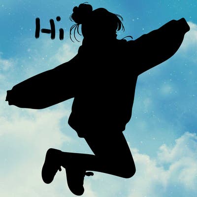 realistic girl jumping with a bun and oversized sweatshirt