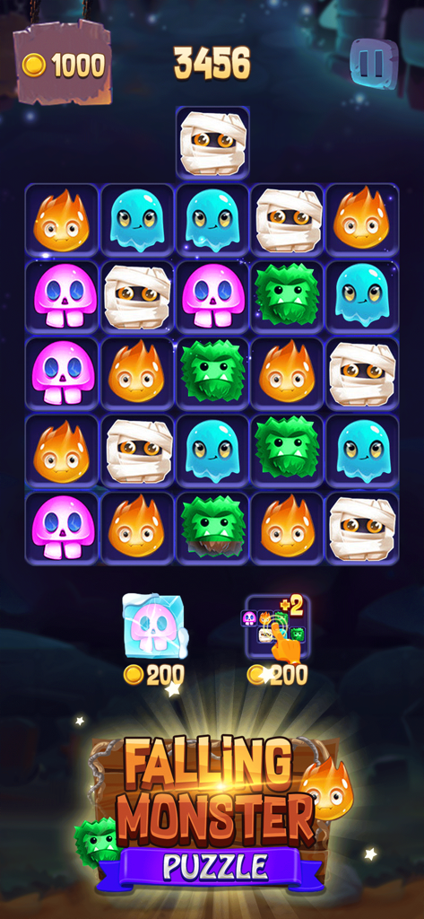 Offline GameHub: No Wifi Games - Juego de puzzles Falling Monster con iconos de monstruos coloridos en una cuadrícula