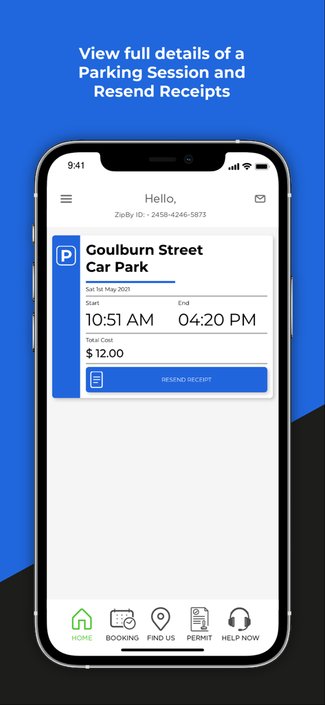 ZipBy - ZipBy app screen displaying details for a parking session including time, location, cost, and a button to resend the receipt.