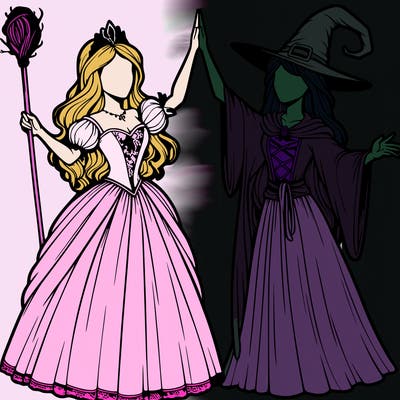 detailed realistic split of a princess and a witch