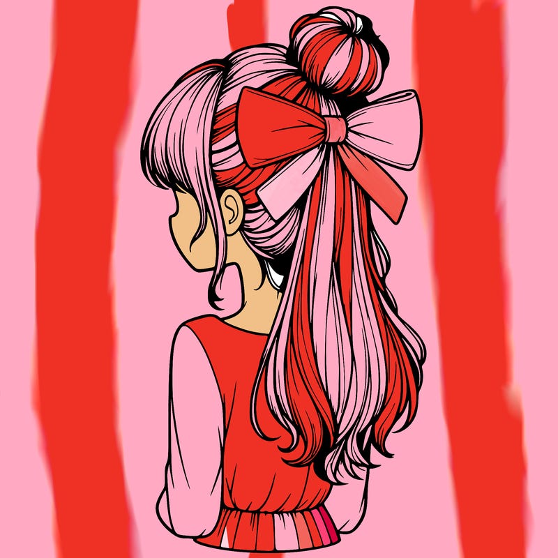 realistic girl  with hip length hair a bun and a big bow on the back of head
