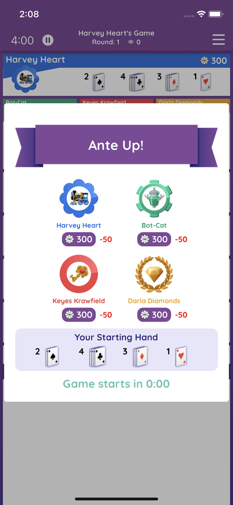 Figgie By Jane Street - The Ante Up screen in Figgie showing player chips and the starting card hand