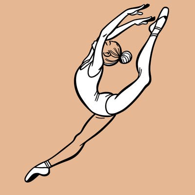 gymnast doing a leap in a leotard with a bent back leg