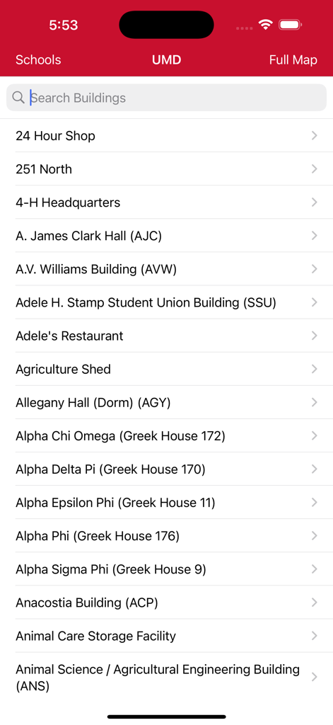 Uma lista pesquisável de edifícios na Universidade de Maryland no aplicativo Campus Maps