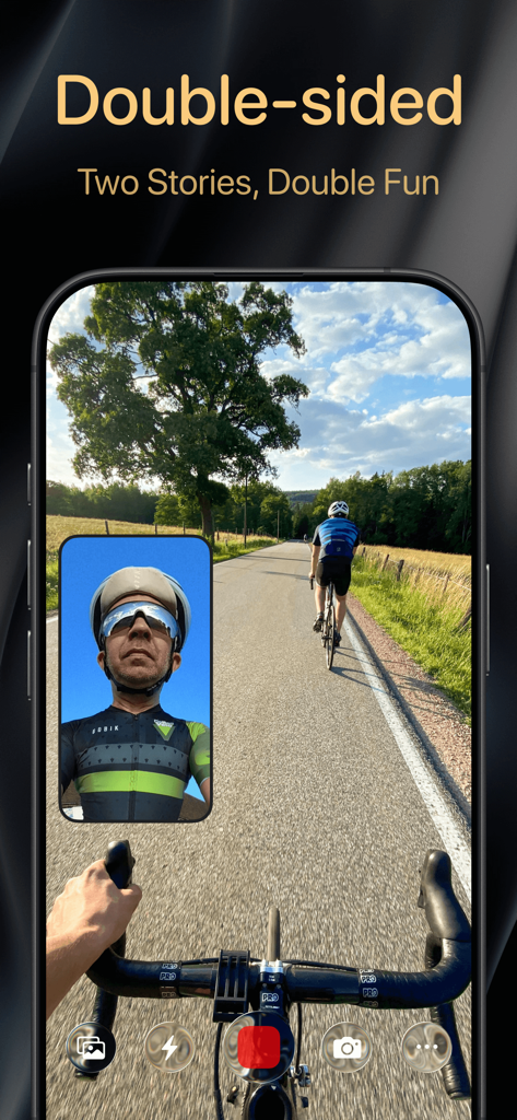 2Camera Dual Camera Front Back - Schermata dello smartphone che mostra l'app 2Camera che registra un viaggio in bicicletta con viste simultanee della fotocamera frontale e posteriore in modalità picture-in-picture