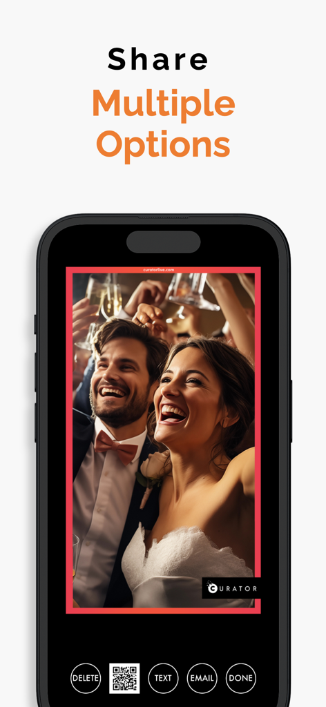 Interface of the Curator Live app showing various sharing options like QR code text and email for a wedding photo booth