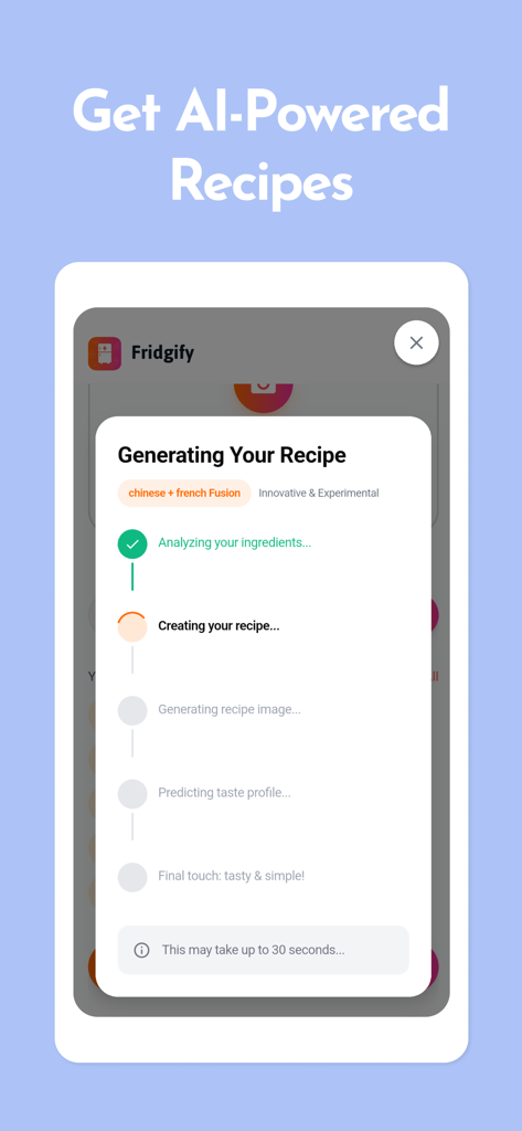 Interfaz de la aplicación Fridgify que muestra el proceso de generación de recetas de IA con pasos como analizar ingredientes y crear una receta
