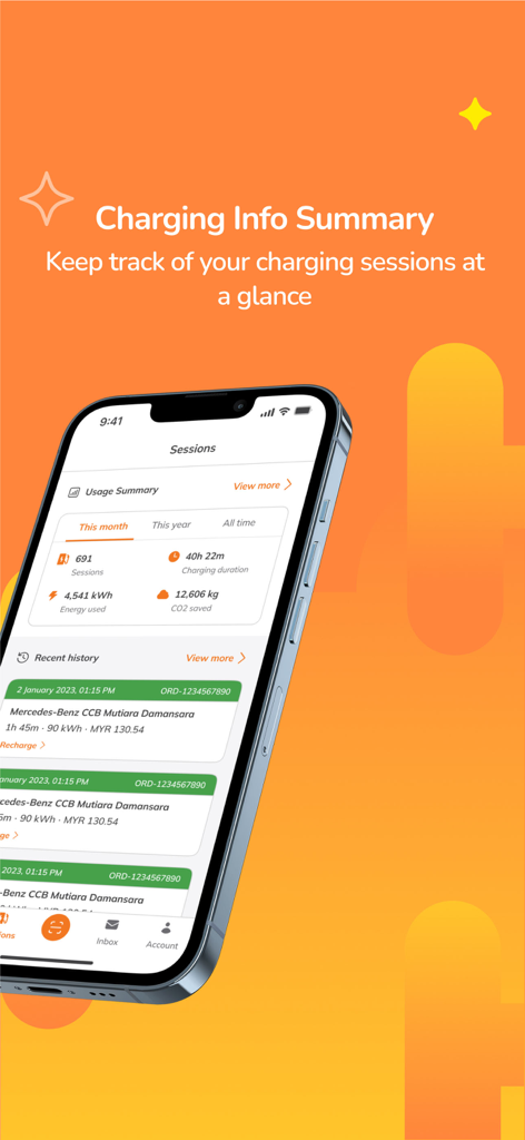 JomCharge-App-Bildschirm, der eine Zusammenfassung von EV-Ladesitzungen anzeigt, einschließlich verbrauchter Energie und CO2-Einsparungen