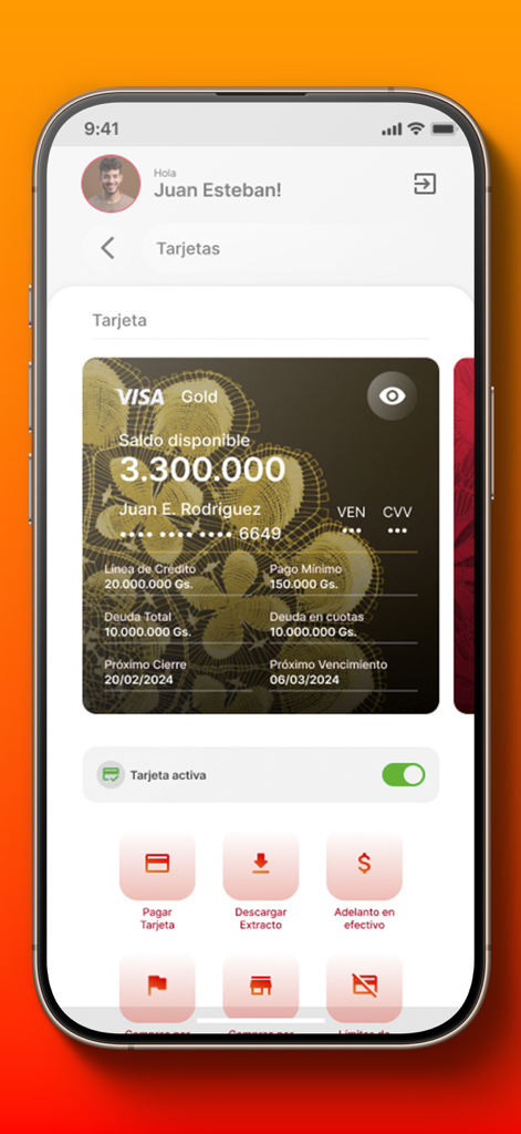 Solar Banco - Solar Banco mobile app interface showing Visa Gold credit card details and payment options