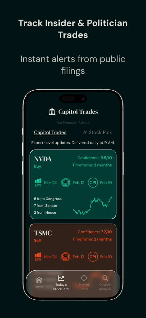 TradeGenius: Insider Trading - A mobile app interface showing stock trade alerts for politicians and corporate insiders with AI confidence scores for companies like NVDA and TSMC.