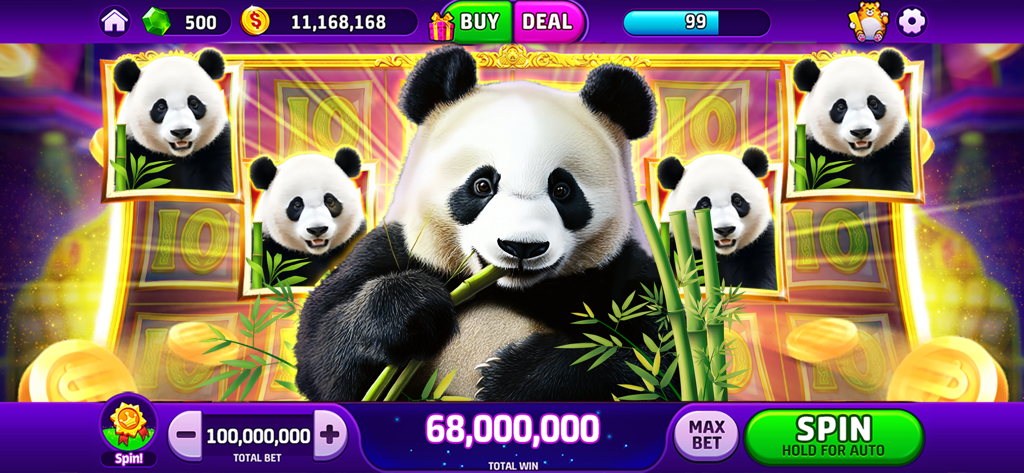 A panda themed slot machine interface in Woohoo Slots showing a large win of 68 million coins