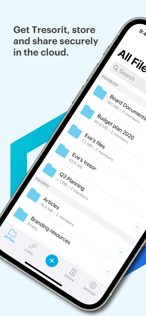 iPhone screen showing the Tresorit app interface with a list of encrypted files and folders stored in the cloud.