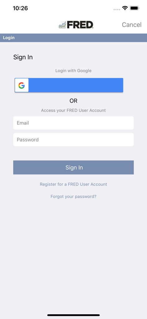 FRED Economic Data app sign in screen with email and Google login options