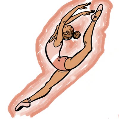 gymnast doing a leap in a leotard with a bent back leg