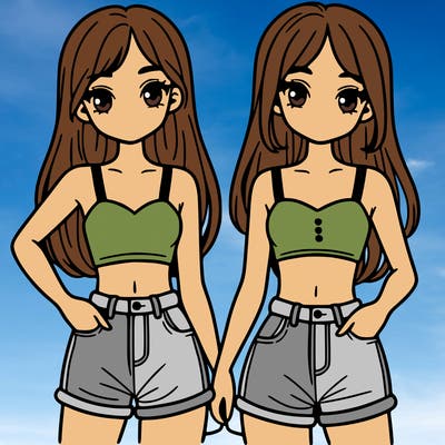 two sisters with crop tops and jean shorts and straight hair