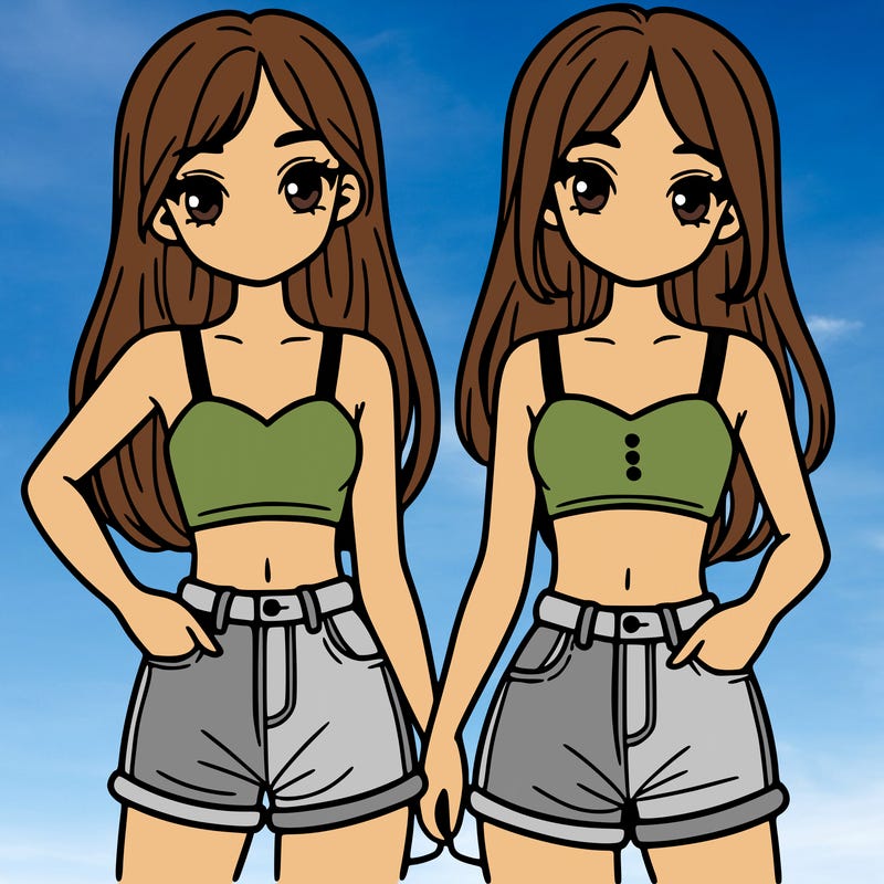 two sisters with crop tops and jean shorts and straight hair