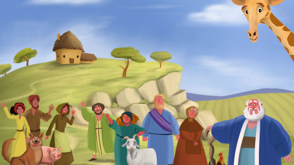 Noah’s Ark Storybook - Noé y su familia parados con una cabra, un cerdo, un perro y una jirafa en un entorno exterior pacífico de la aplicación El Arca de Noé.