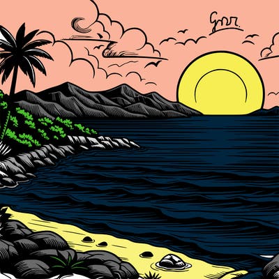 realistic landscape, sea, sunset, simple, very easy to color