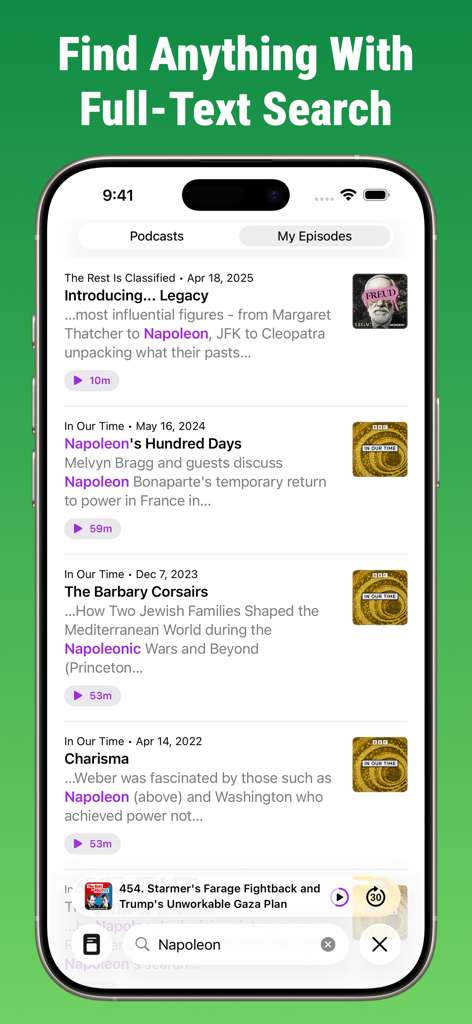 Podcast App: Updates - Una captura de pantalla de la aplicación de podcast que muestra la función de búsqueda de texto completo con resultados de palabras clave para Napoleón en varios episodios.