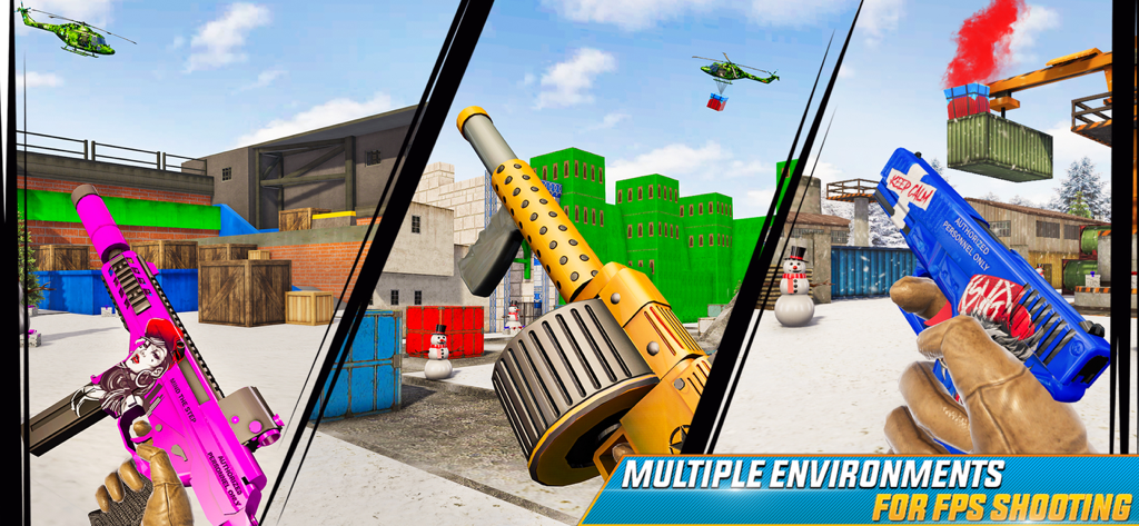 FPS Commando Secret Mission - A collage showing different custom weapons and game environments in FPS Commando Secret Mission.