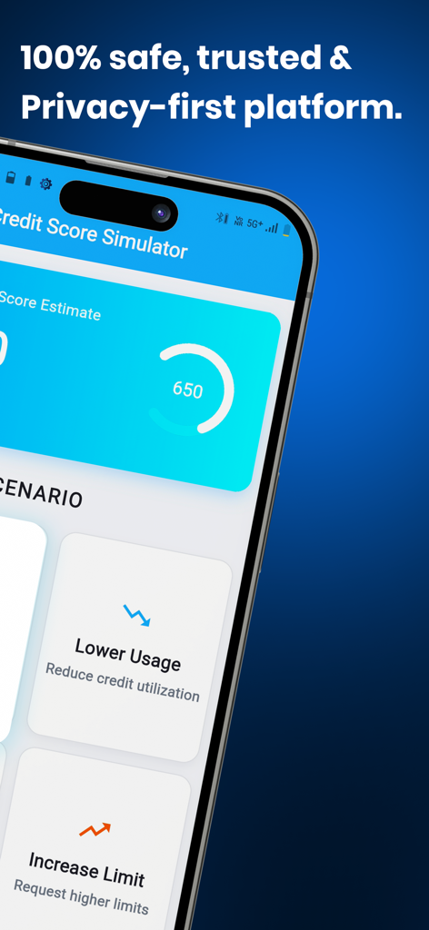 Credit Score Check & Report - Mobile phone screen showing a credit score simulator with financial impact scenarios and a privacy first message