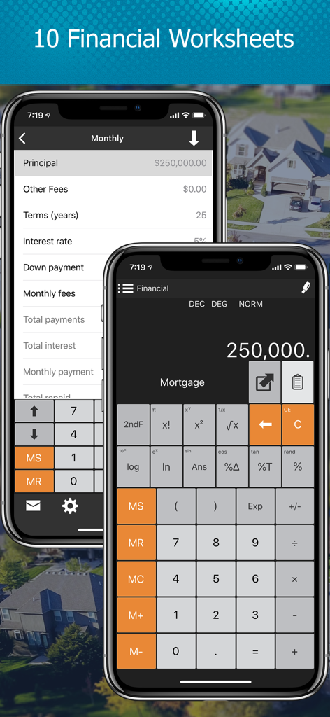 Calc Pro - The Top Calculator - Calc Pro app displaying financial worksheets and a mortgage calculator on iPhone.