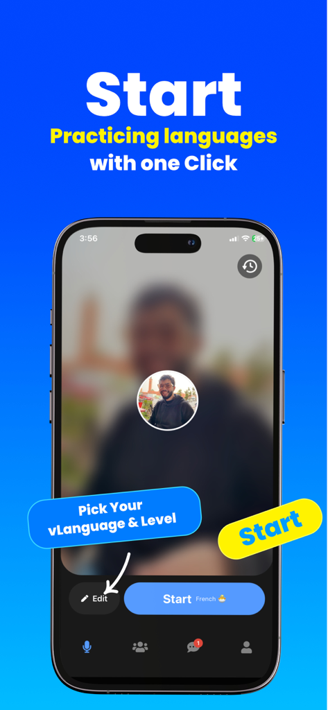 Catlangu - Language Practice - Mobile app interface of Catlangu showing a button to start practicing French with native speakers instantly