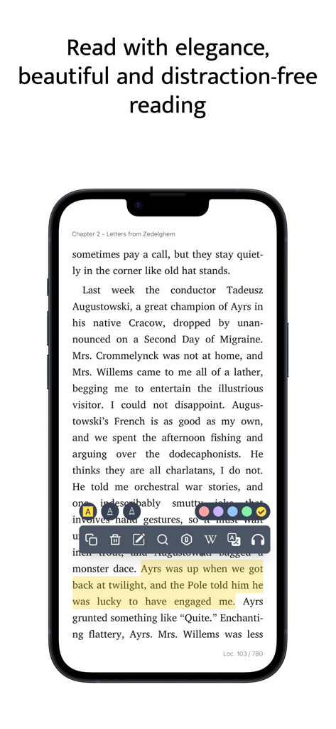 Readest - eBook Reader - Readest eBook Reader showing a distraction-free interface with text highlighting and annotation tools on an iPhone