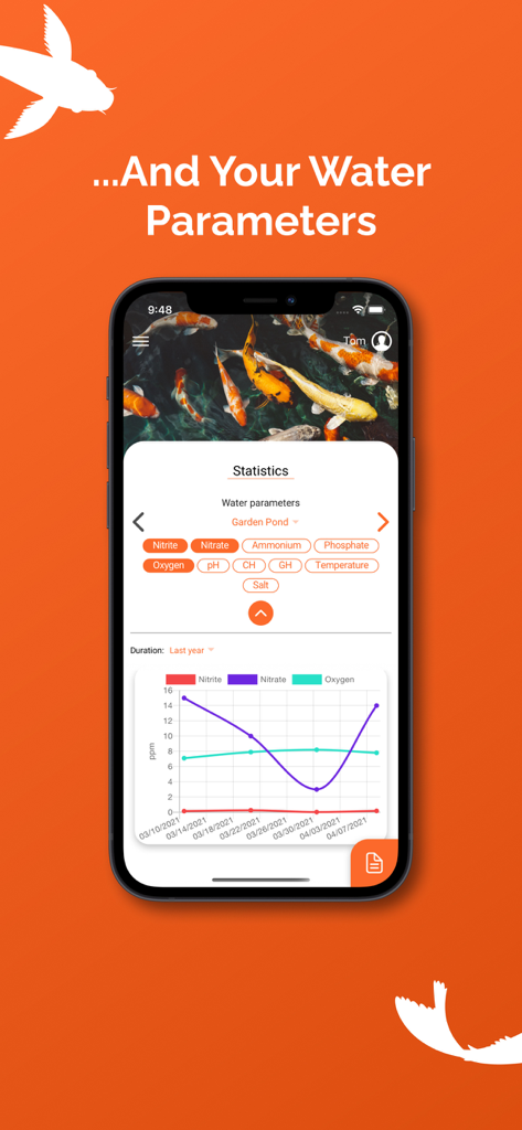 Smartphone screen displaying a line chart of pond water parameters like nitrite and nitrate in the KoiControl app