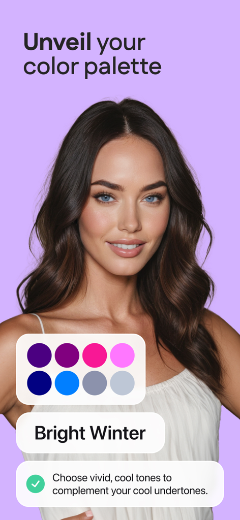 My Color Analysis・AI StyleLab - Seasonal color analysis results for Bright Winter palette in the StyleLab app.