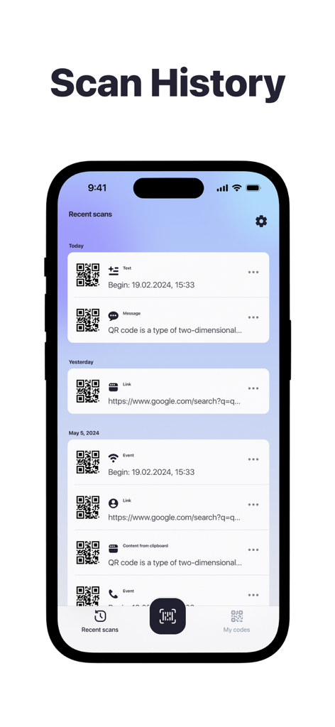 QR Code & Barcode－Scanner App - A scan history list showing recent QR codes and barcodes organized by date with details like links, text, and messages.
