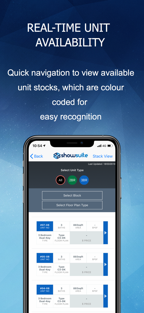 Smartphone screen showing real time unit availability and property details in the Showsuite app