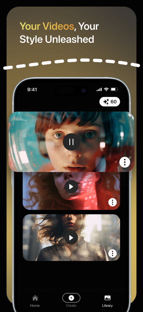 Lyma AI: Video Generator. - Lyma AI app interface displaying a gallery of cinematic AI-generated videos on a smartphone.