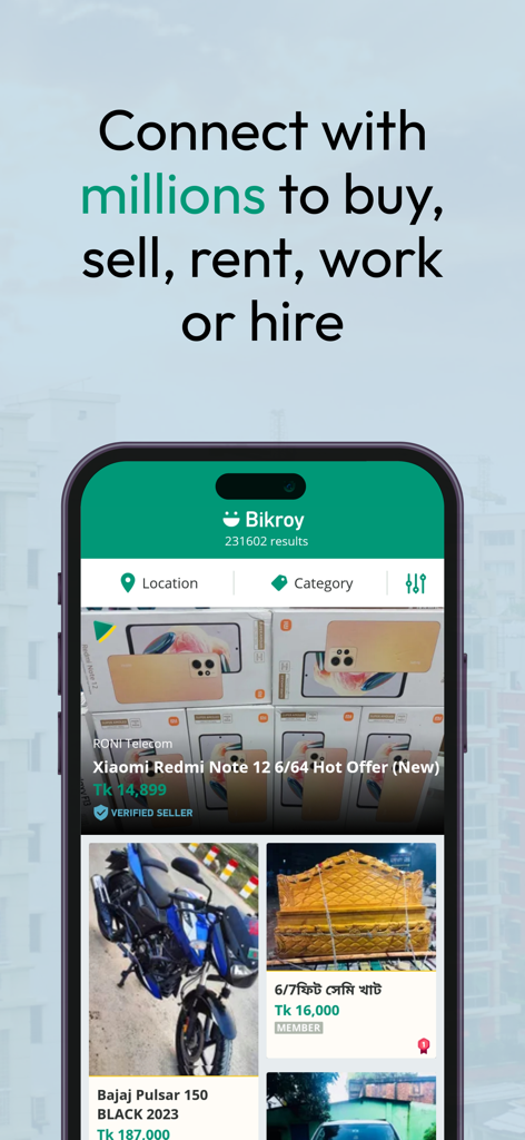 Bikroy - Everything Sells - Interface of the Bikroy app showing classified listings for mobile phones, motorcycles, and furniture in Bangladesh