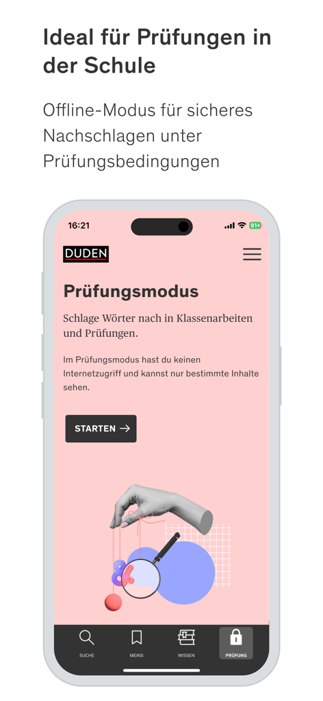 Duden app screen showing the offline exam mode for school tests with a start button and feature description