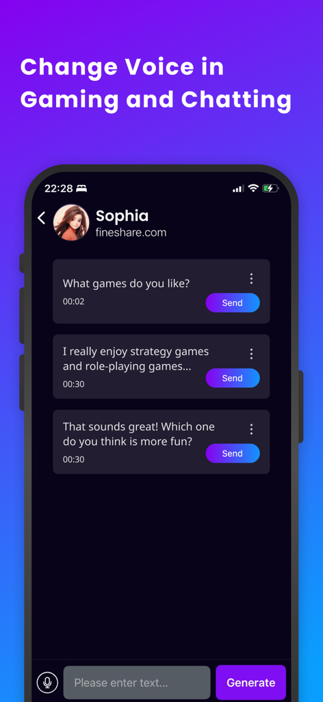 VoiceTrans - AI Voice Changer - 게임을 위한 텍스트 음성 변환 채팅 화면을 보여주는 VoiceTrans AI 음성 변조기 모바일 앱 인터페이스