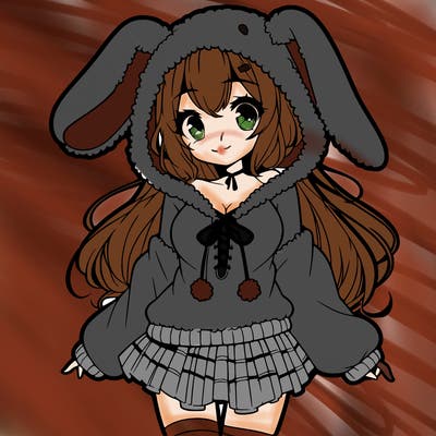 pretty anime girl wearing a fluffy hoodie with bunny ears on the hood and a skirt