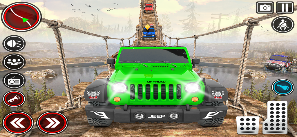 Desert Hill Jeep Simulator 4x4 - A green 4x4 jeep crossing a narrow wooden suspension bridge over water in a simulation game.
