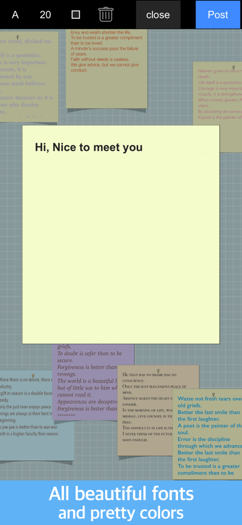 Cream Note - Cream Noteアプリのデジタルボードに、様々なパステルカラーの付箋とデザイン性の高いフォントが表示されています。