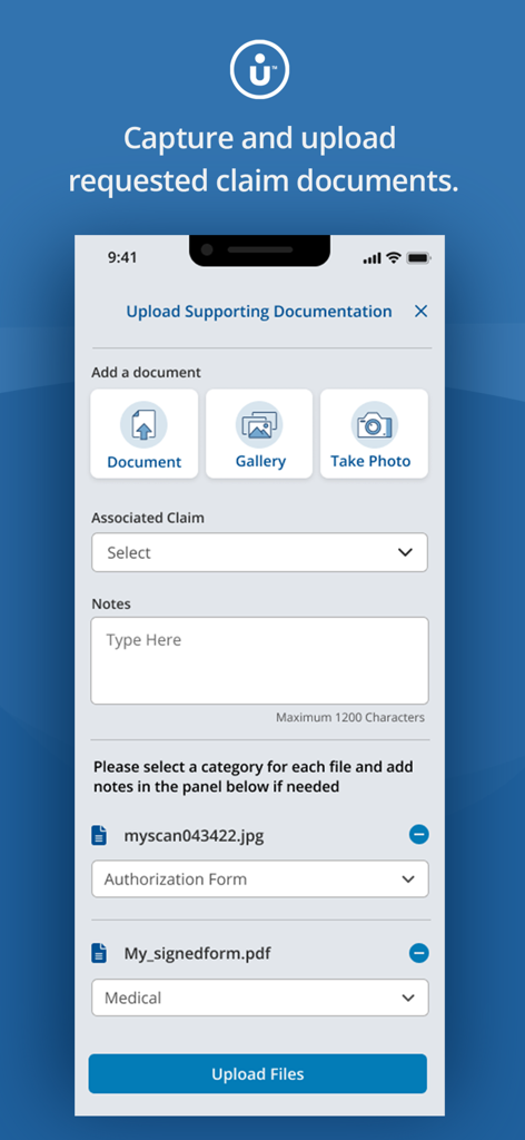 MyUnum for Members - MyUnum for Members mobile app interface showing the upload supporting documentation screen with options to take a photo or select files for insurance claims