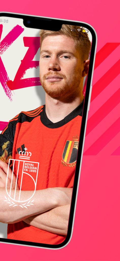 Screenshot of the RBFA app featuring soccer player Kevin De Bruyne in a Belgian national team jersey