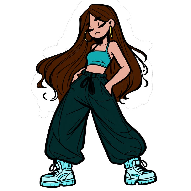 girl in baggy pants crop top and long hair