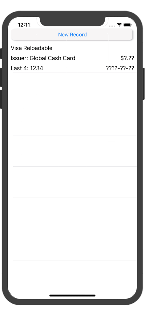 Prepaid Credit Card Balances - Interfaz de la aplicación Saldos de Tarjetas de Crédito Prepago que muestra un registro de tarjeta recargable Visa de Global Cash Card.