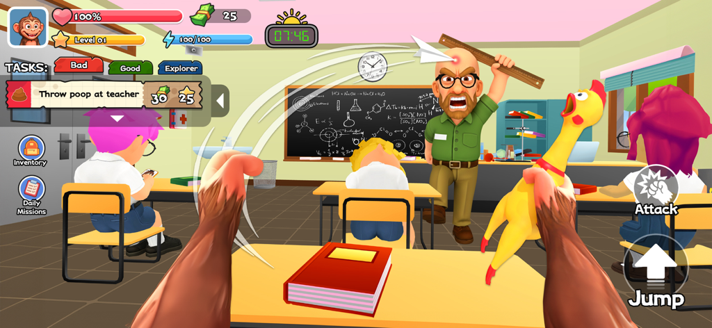 Monkey Student: School Prank - Vista en primera persona de un personaje mono haciendo una broma a un profesor enfadado en un aula.
