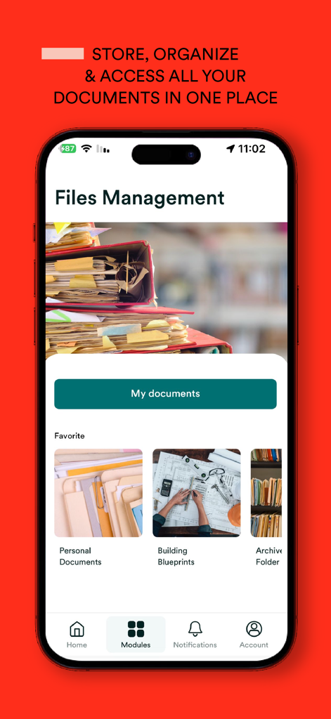 Appgrade by ServicesApp - Interface of the Appgrade app showing the files management module for property documents and blueprints