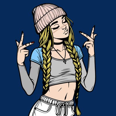 realistic teenage girl with braids and a beanie and crop top doing 🫶🏼