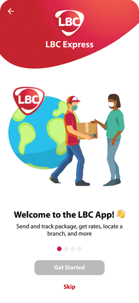 LBC Express - Welcome screen of the LBC Express app featuring an illustration of a courier delivering a package