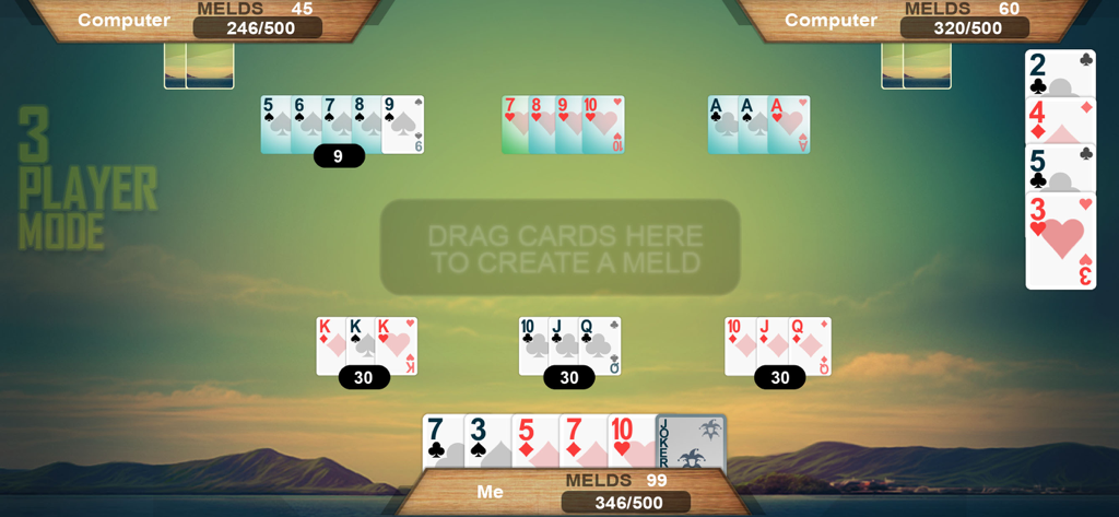 Rummy 500 card offline game - Gameplay-Bildschirmfoto von Rummy 500 offline, das den 3-Spieler-Modus mit Auslegungen und Ergebnissen auf einem grünen Tischhintergrund zeigt