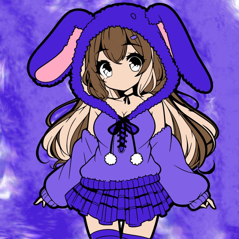 pretty anime girl wearing a fluffy hoodie with bunny ears on the hood and a skirt